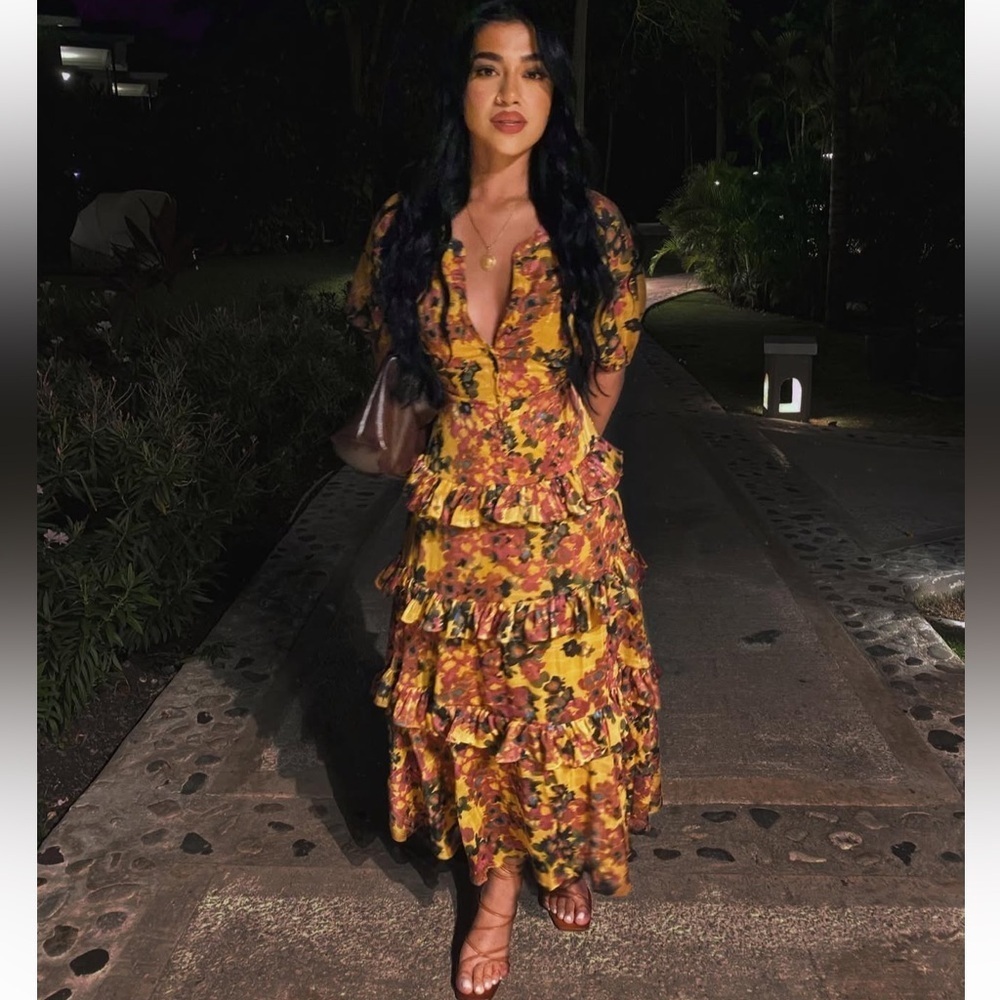 Anthropologie metallic thread Floral Yellow Dress with tier ruffle hem